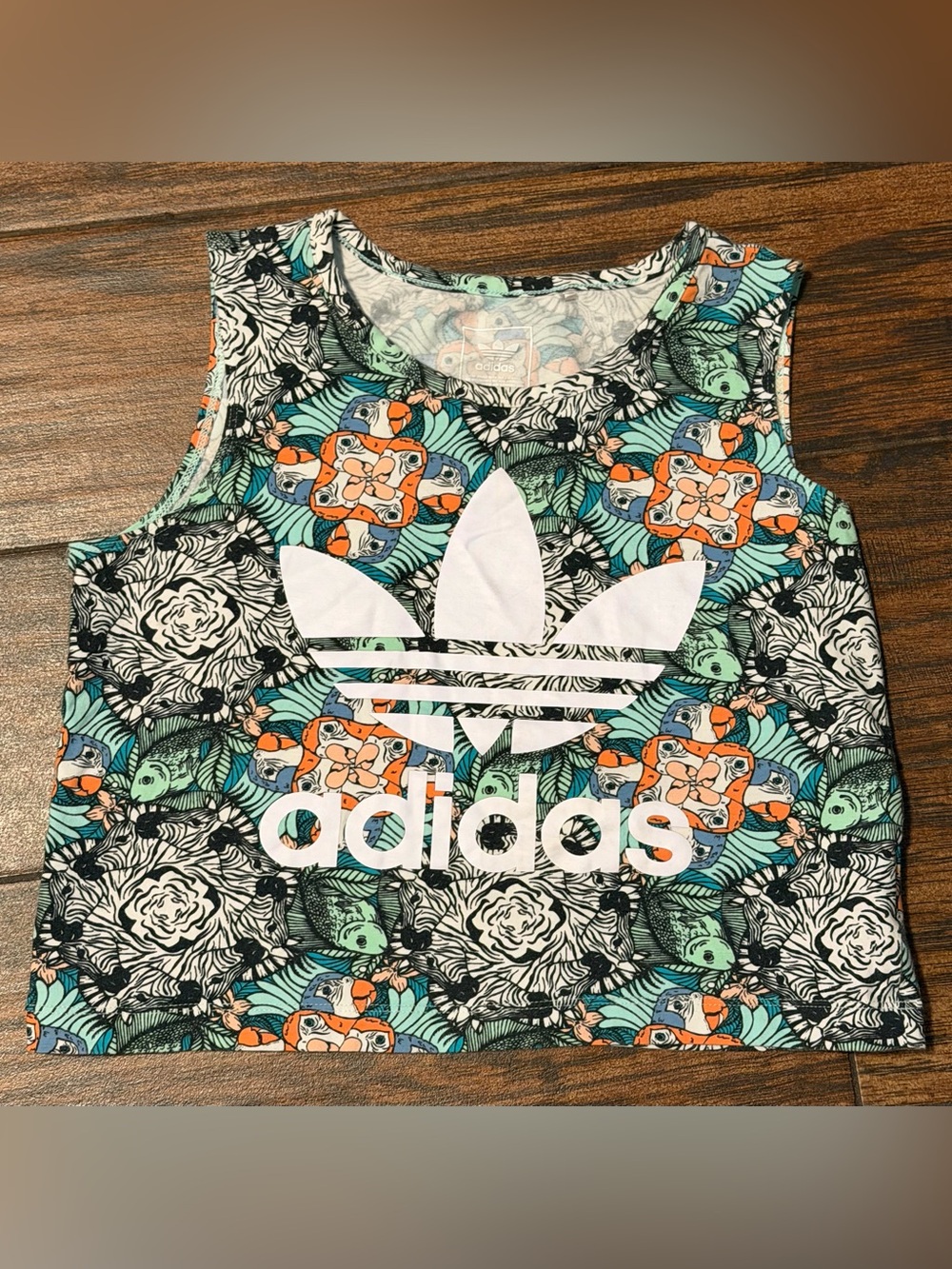 adidas Multicolor Floral Graphic Cropped Tank - Teal, Orange, Black, White